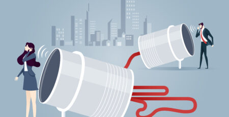 vector image of a business woman and business man communicating between two large cans tied by a string