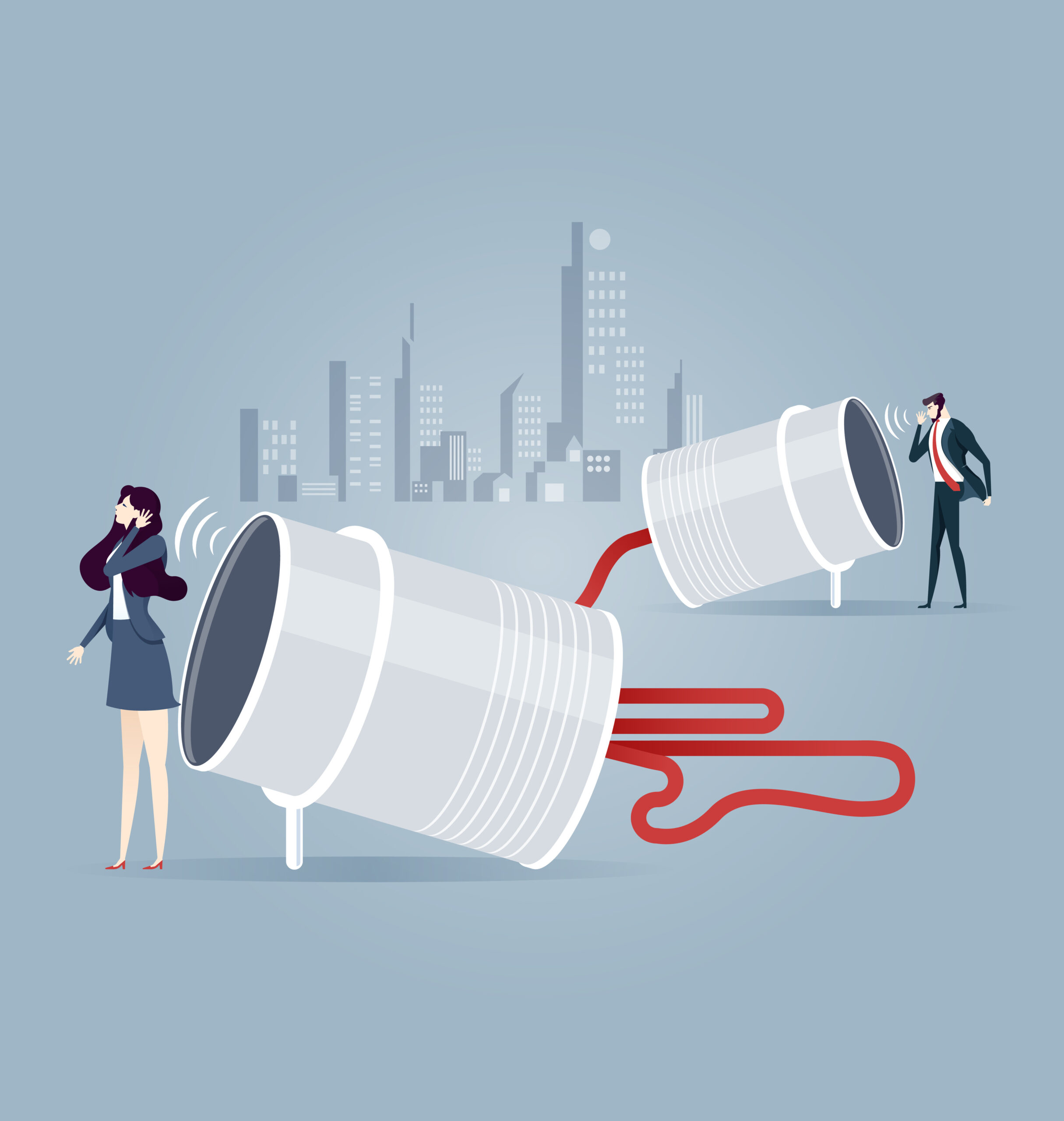 vector image of a business woman and business man communicating between two large cans tied by a string