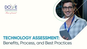Title slide reading ‘Technology Assessment: Benefits, Process, and Best Practices’ with a smiling man holding a tablet. This image introduces the concept of technology assessment & risk management for organizations.