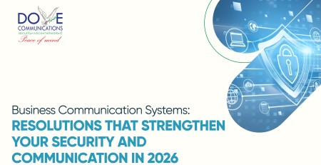 Digital lock icon and device symbols overlaid on a blue background next to the headline: “Resolutions That Strengthen Your Security and Communication in 2026.”