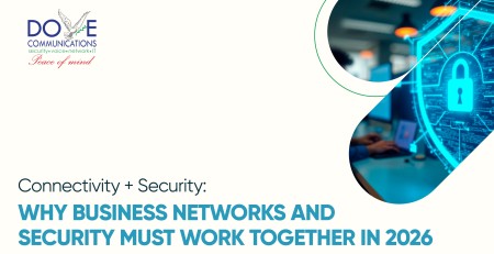 A digital banner from Dove Communications features the headline, “Why Business Networks and Security Must Work Together in 2026.” On the right, a glowing blue padlock is embedded in a digital shield overlay, symbolizing cybersecurity. A person types on a laptop in the background. The image emphasizes the critical link between connectivity and business network security in modern IT environments.