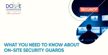 AI Virtual Security Guard Los Angeles promotional graphic for Dove Communications featuring a security monitoring scene with a glowing ‘Security’ sign and operator at a workstation